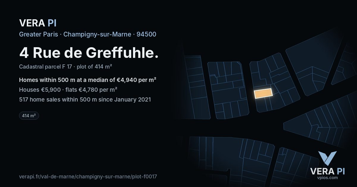 4 Rue de Greffuhle, Champigny-sur-Marne at night – the plot lit, the parcels around coloured by the prices near them