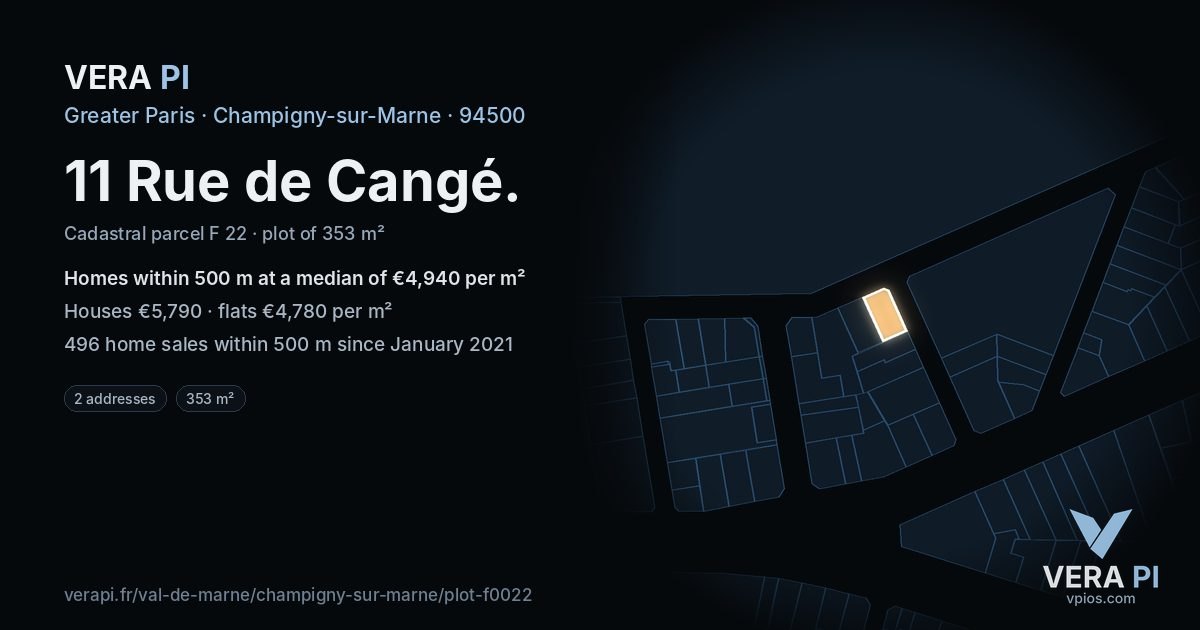 11 Rue de Cangé, Champigny-sur-Marne at night – the plot lit, the parcels around coloured by the prices near them