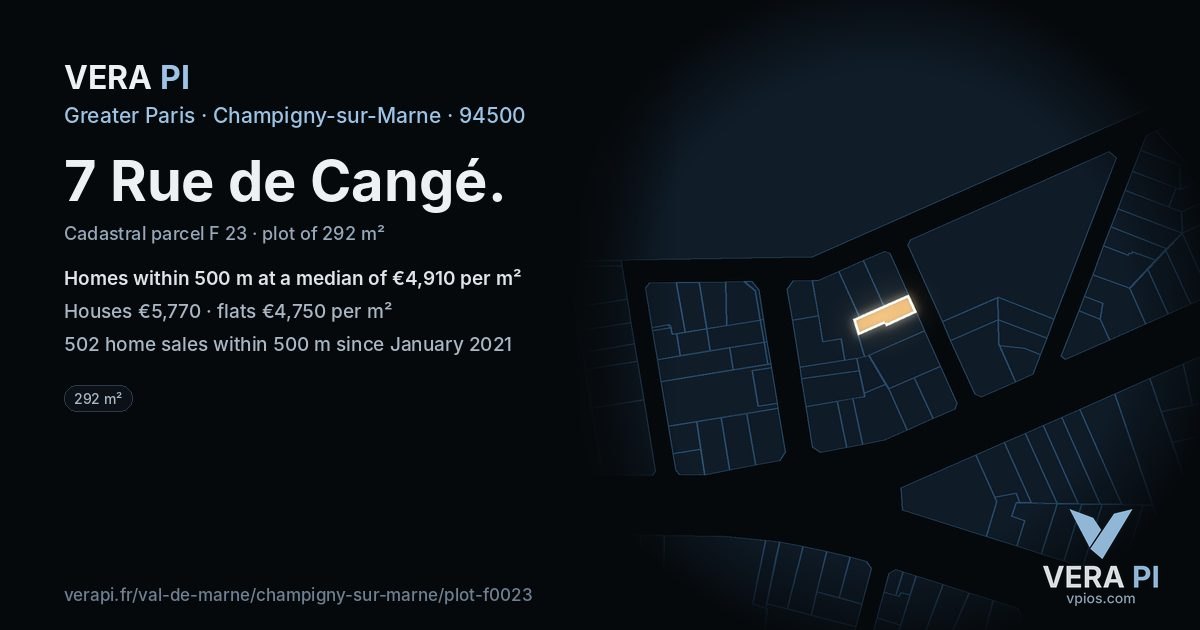 7 Rue de Cangé, Champigny-sur-Marne at night – the plot lit, the parcels around coloured by the prices near them