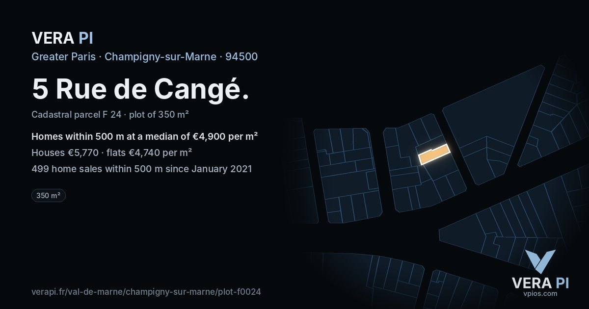 5 Rue de Cangé, Champigny-sur-Marne at night – the plot lit, the parcels around coloured by the prices near them