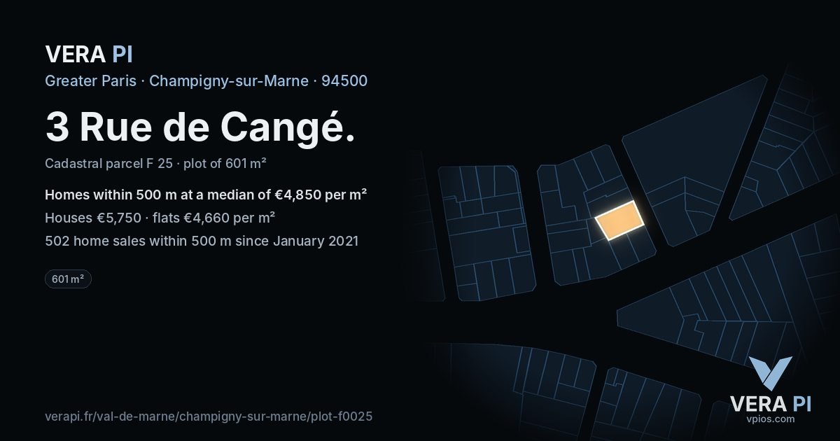 3 Rue de Cangé, Champigny-sur-Marne at night – the plot lit, the parcels around coloured by the prices near them
