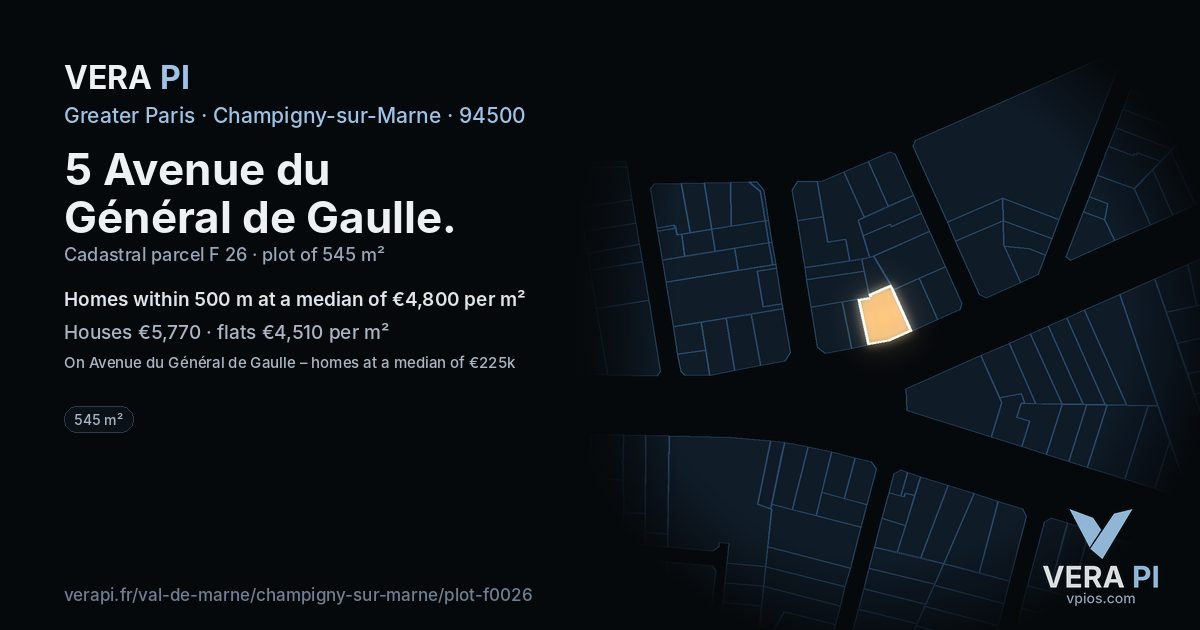 5 Avenue du Général de Gaulle, Champigny-sur-Marne at night – the plot lit, the parcels around coloured by the prices near them