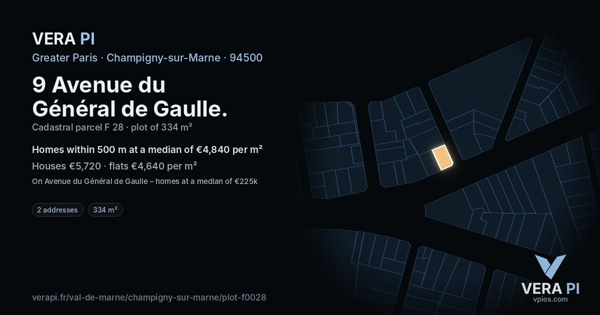 9 Avenue du Général de Gaulle, Champigny-sur-Marne at night – the plot lit, the parcels around coloured by the prices near them