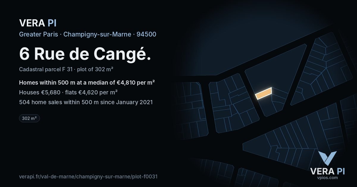 6 Rue de Cangé, Champigny-sur-Marne at night – the plot lit, the parcels around coloured by the prices near them