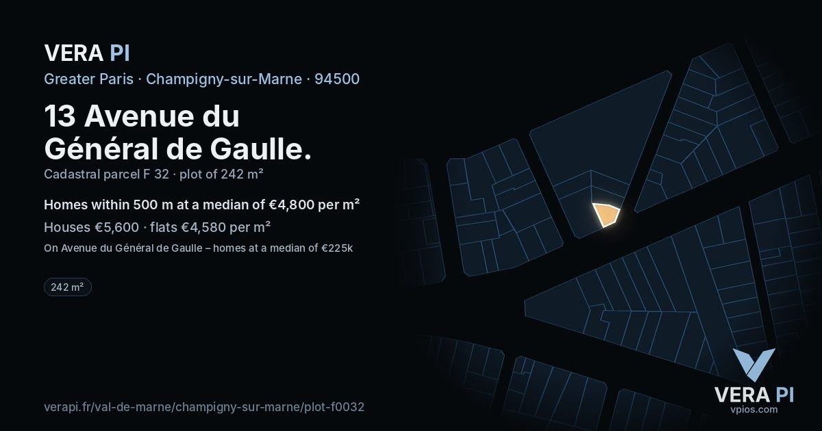 13 Avenue du Général de Gaulle, Champigny-sur-Marne at night – the plot lit, the parcels around coloured by the prices near them