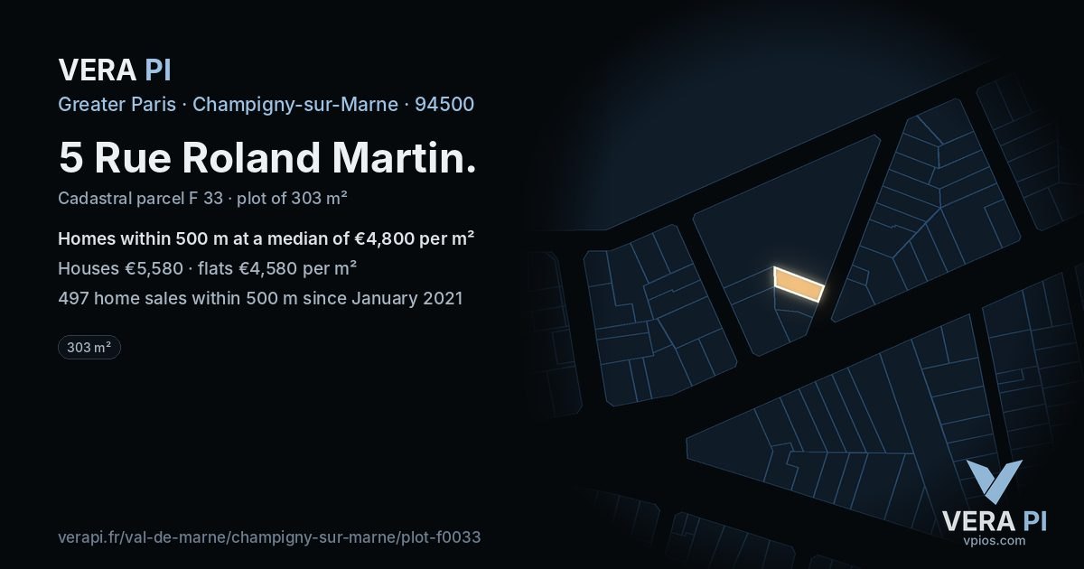 5 Rue Roland Martin, Champigny-sur-Marne at night – the plot lit, the parcels around coloured by the prices near them