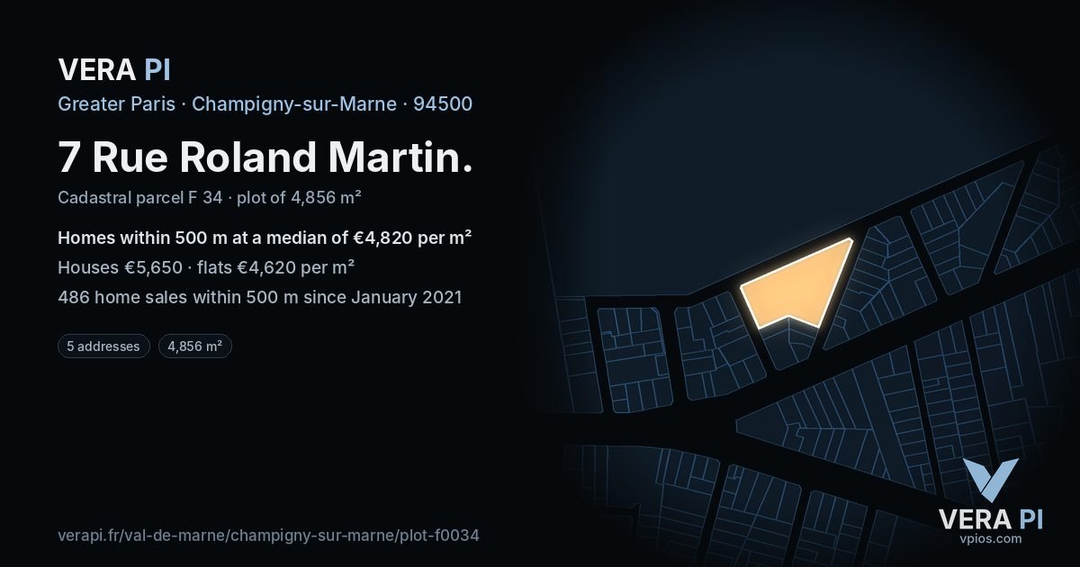 7 Rue Roland Martin, Champigny-sur-Marne at night – the plot lit, the parcels around coloured by the prices near them