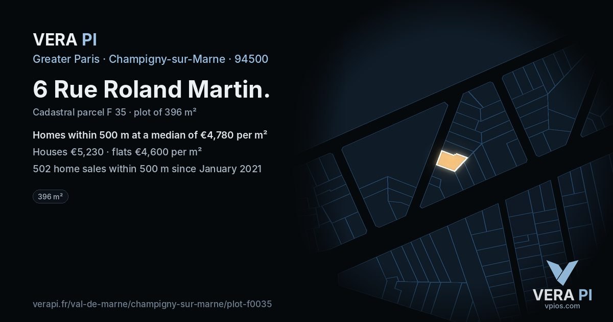 6 Rue Roland Martin, Champigny-sur-Marne at night – the plot lit, the parcels around coloured by the prices near them