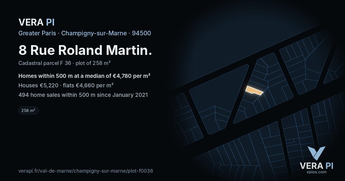 8 Rue Roland Martin, Champigny-sur-Marne at night – the plot lit, the parcels around coloured by the prices near them