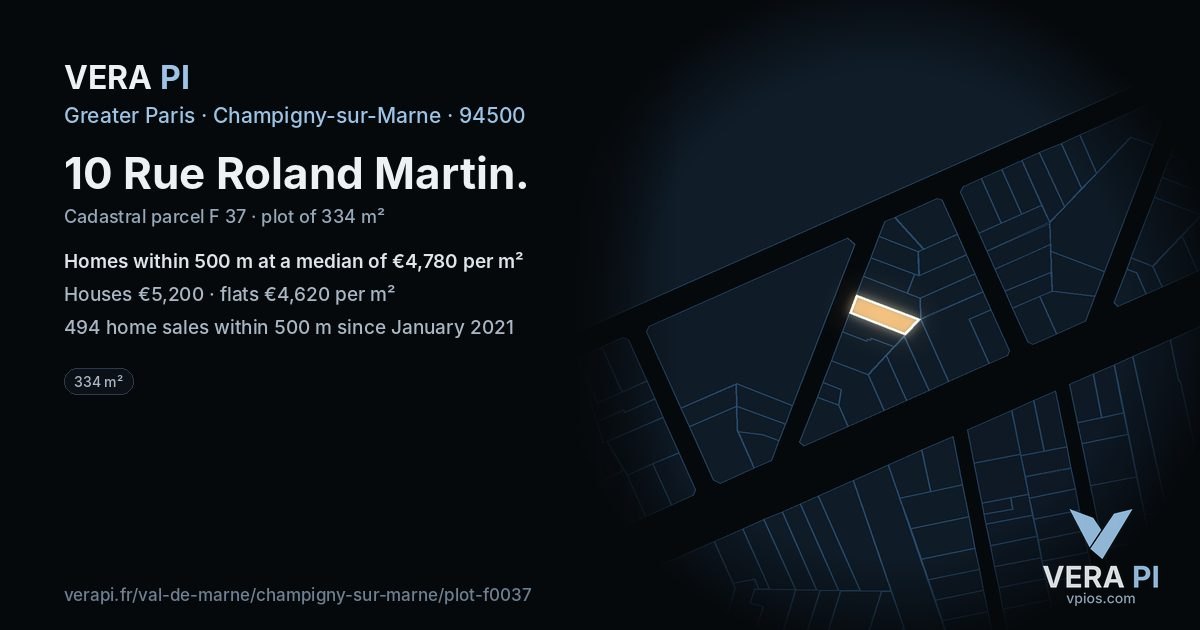 10 Rue Roland Martin, Champigny-sur-Marne at night – the plot lit, the parcels around coloured by the prices near them