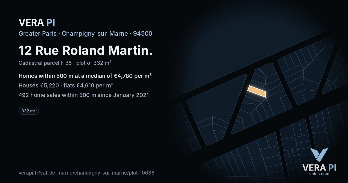 12 Rue Roland Martin, Champigny-sur-Marne at night – the plot lit, the parcels around coloured by the prices near them