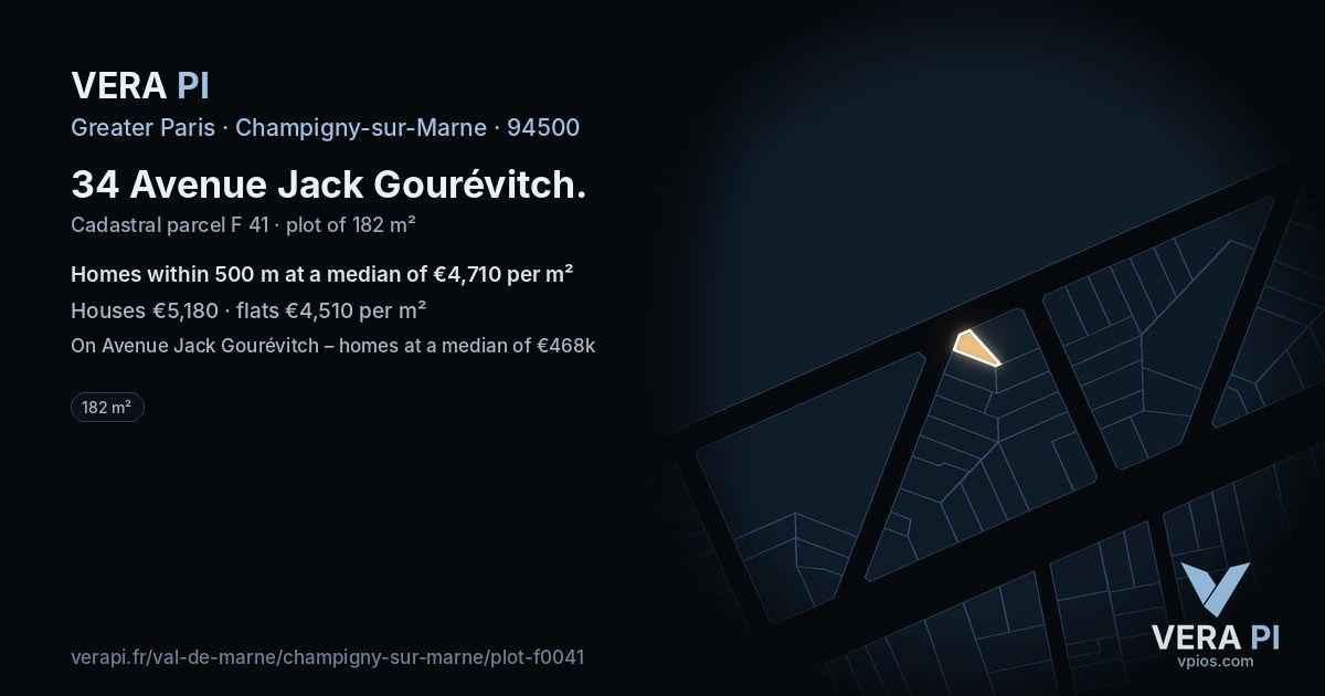 34 Avenue Jack Gourévitch, Champigny-sur-Marne at night – the plot lit, the parcels around coloured by the prices near them