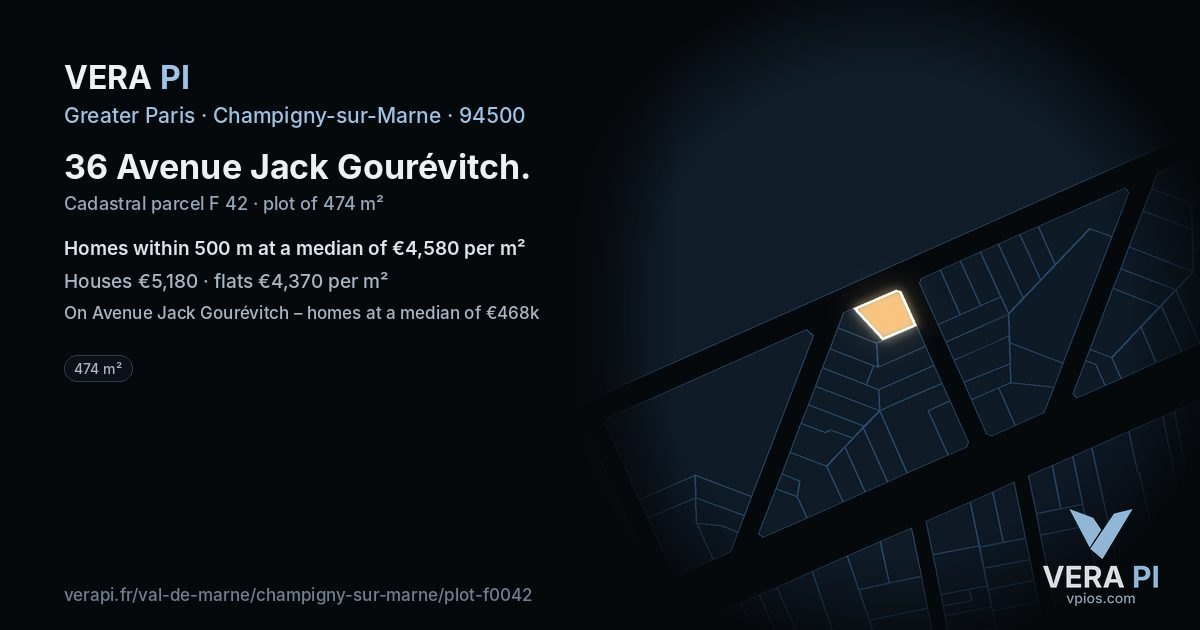 36 Avenue Jack Gourévitch, Champigny-sur-Marne at night – the plot lit, the parcels around coloured by the prices near them