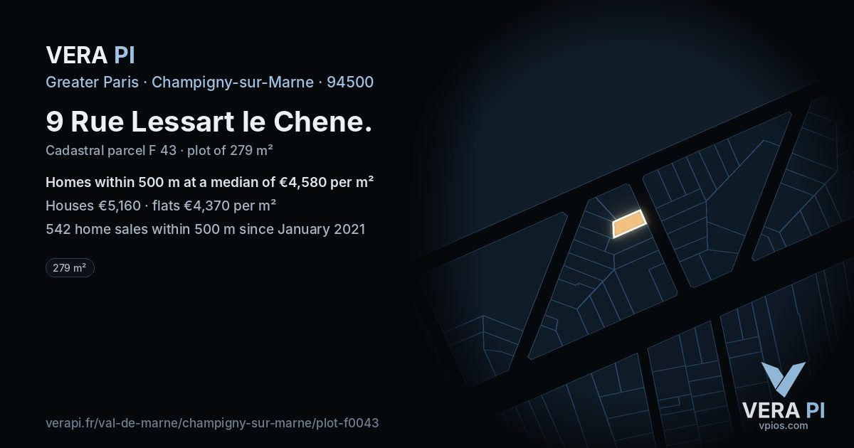 9 Rue Lessart le Chene, Champigny-sur-Marne at night – the plot lit, the parcels around coloured by the prices near them