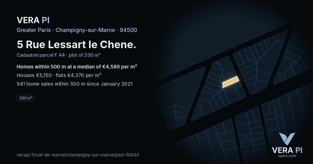 5 Rue Lessart le Chene, Champigny-sur-Marne at night – the plot lit, the parcels around coloured by the prices near them