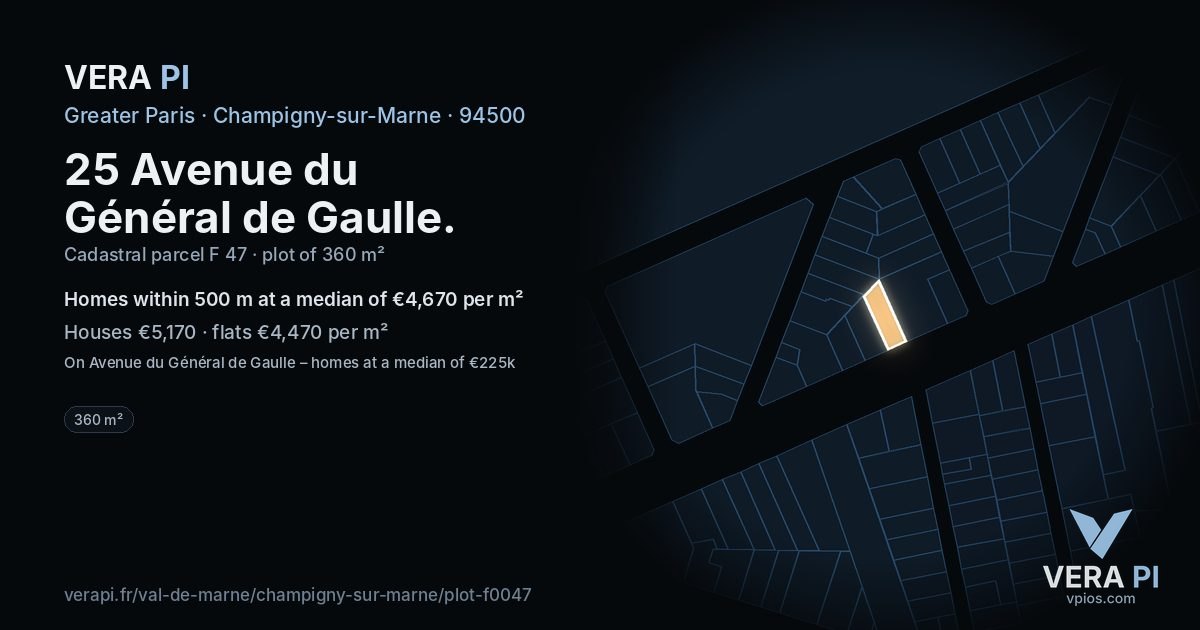 25 Avenue du Général de Gaulle, Champigny-sur-Marne at night – the plot lit, the parcels around coloured by the prices near them