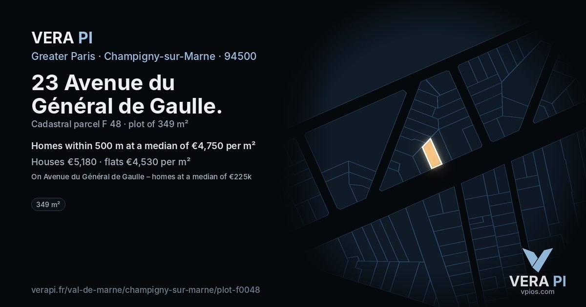 23 Avenue du Général de Gaulle, Champigny-sur-Marne at night – the plot lit, the parcels around coloured by the prices near them