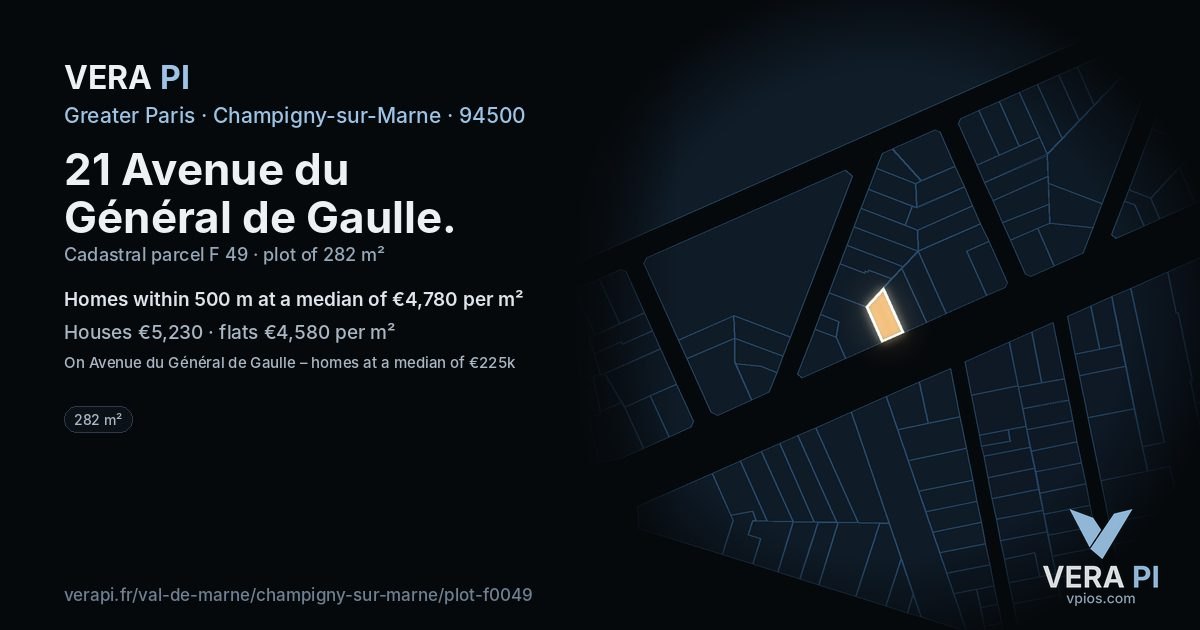 21 Avenue du Général de Gaulle, Champigny-sur-Marne at night – the plot lit, the parcels around coloured by the prices near them