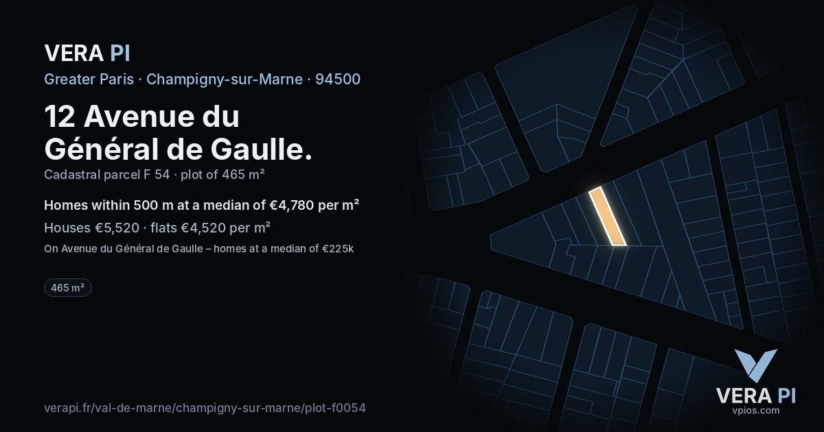 12 Avenue du Général de Gaulle, Champigny-sur-Marne at night – the plot lit, the parcels around coloured by the prices near them
