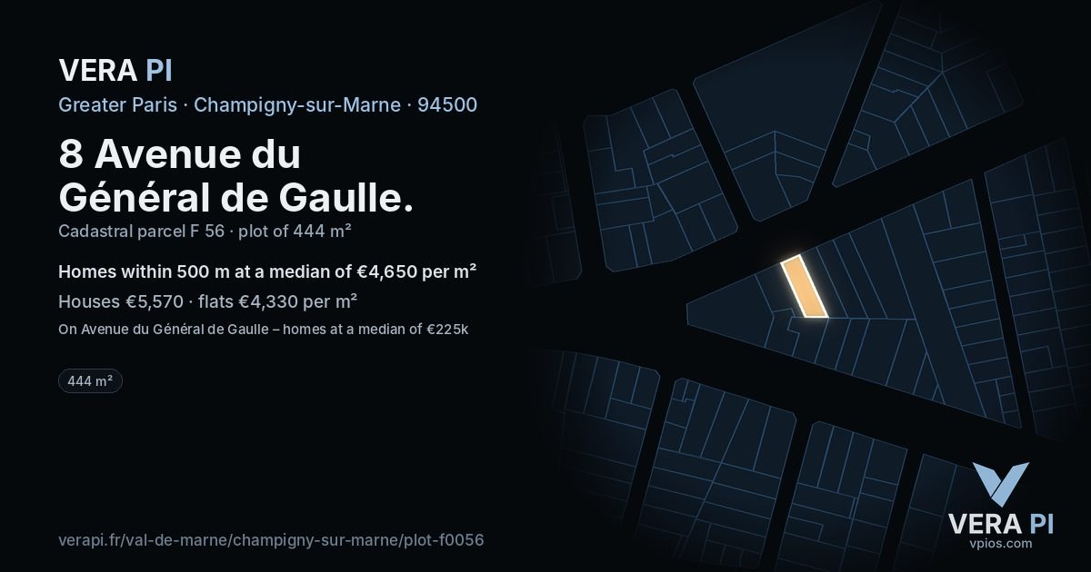 8 Avenue du Général de Gaulle, Champigny-sur-Marne at night – the plot lit, the parcels around coloured by the prices near them