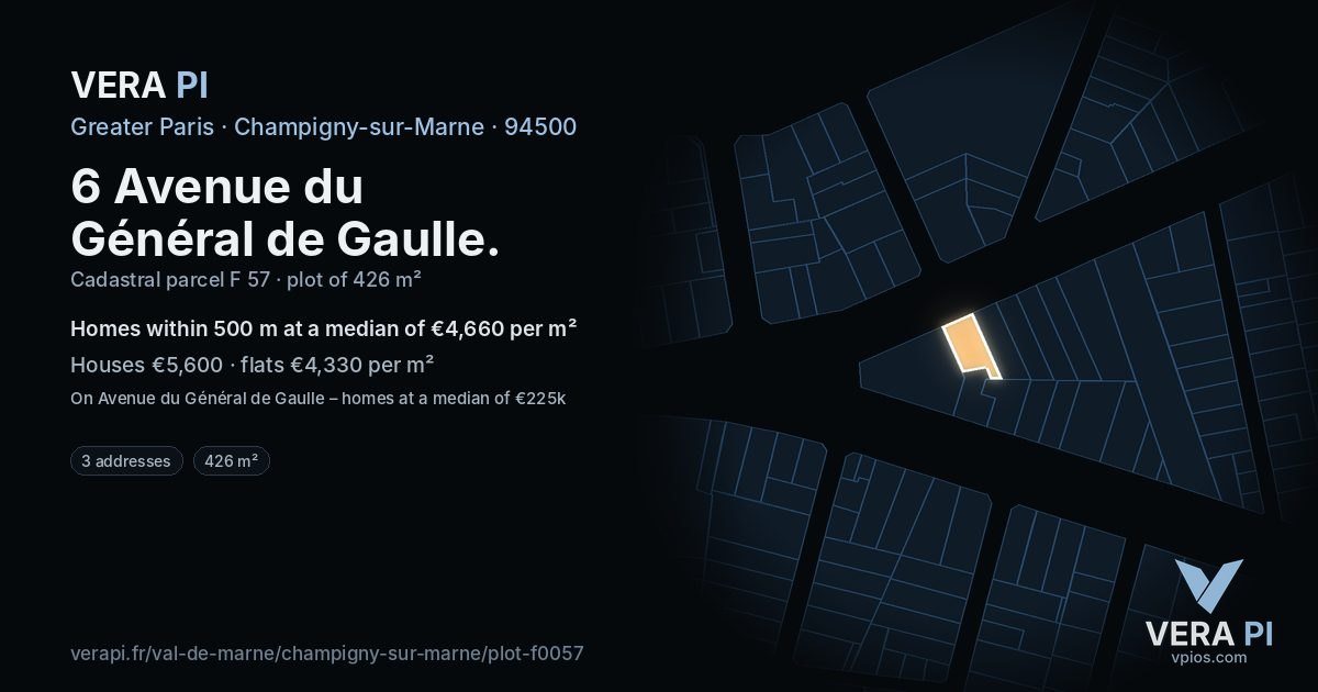 6 Avenue du Général de Gaulle, Champigny-sur-Marne at night – the plot lit, the parcels around coloured by the prices near them