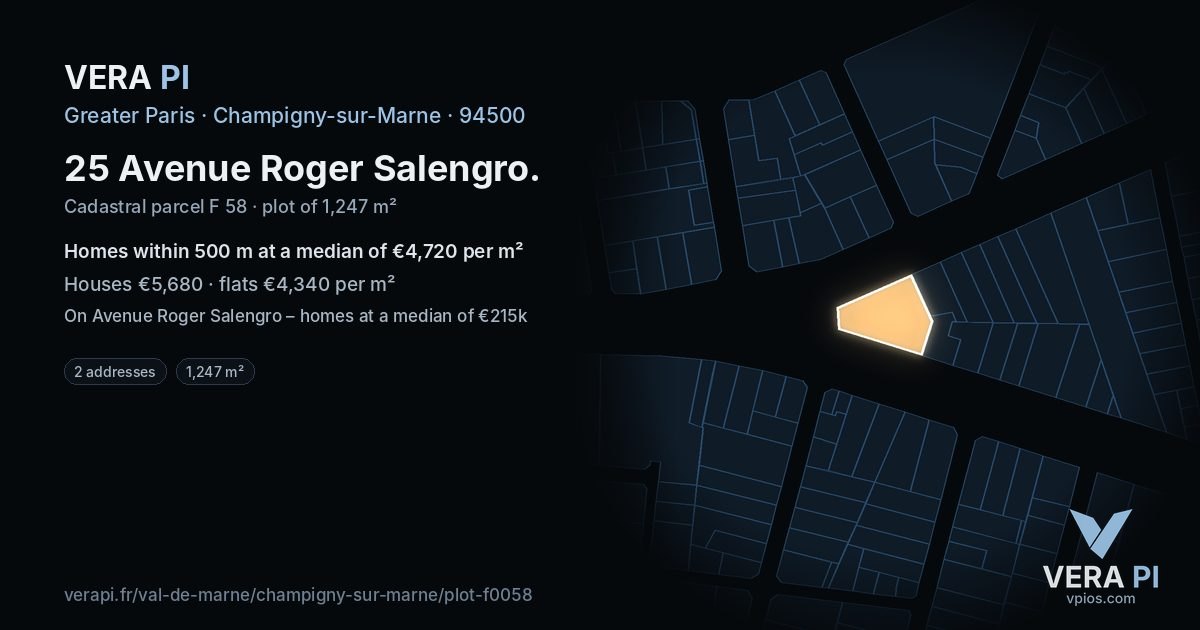 25 Avenue Roger Salengro, Champigny-sur-Marne at night – the plot lit, the parcels around coloured by the prices near them