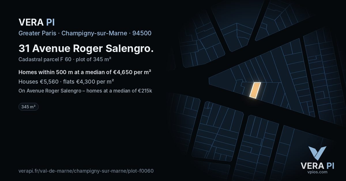 31 Avenue Roger Salengro, Champigny-sur-Marne at night – the plot lit, the parcels around coloured by the prices near them