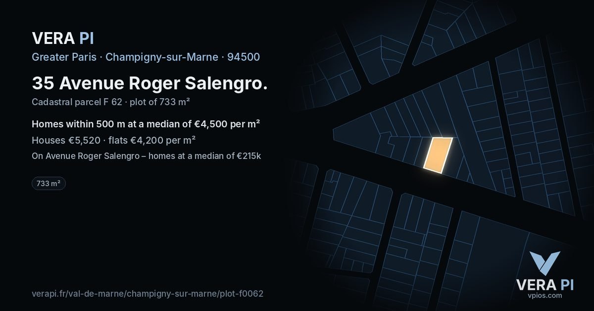 35 Avenue Roger Salengro, Champigny-sur-Marne at night – the plot lit, the parcels around coloured by the prices near them