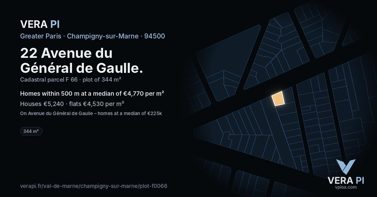 22 Avenue du Général de Gaulle, Champigny-sur-Marne at night – the plot lit, the parcels around coloured by the prices near them