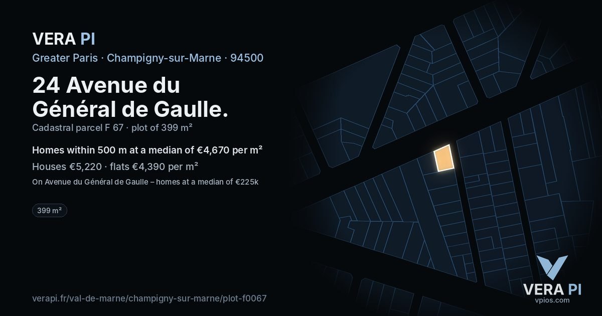 24 Avenue du Général de Gaulle, Champigny-sur-Marne at night – the plot lit, the parcels around coloured by the prices near them