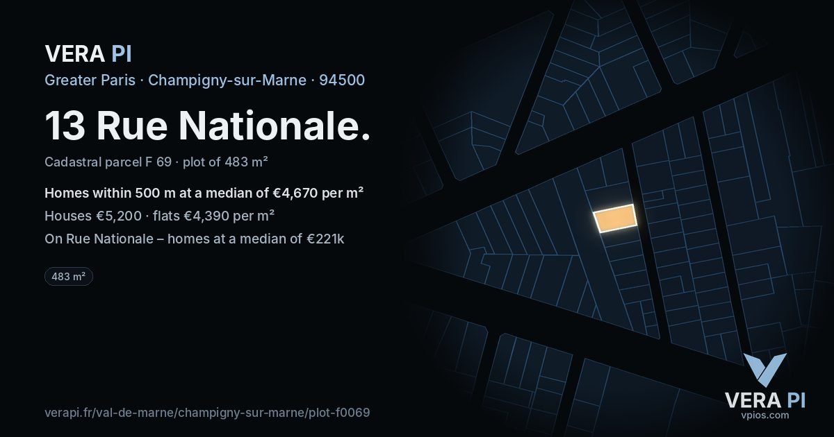 13 Rue Nationale, Champigny-sur-Marne at night – the plot lit, the parcels around coloured by the prices near them
