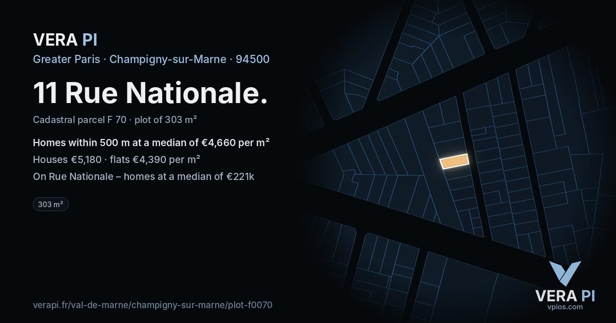 11 Rue Nationale, Champigny-sur-Marne at night – the plot lit, the parcels around coloured by the prices near them