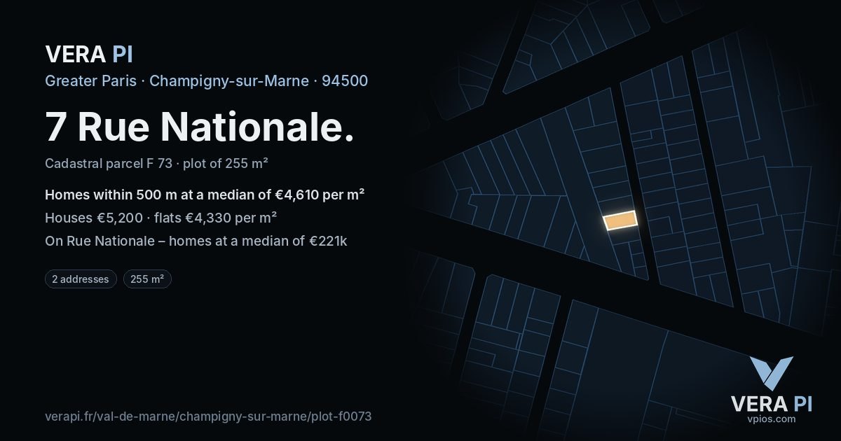 7 Rue Nationale, Champigny-sur-Marne at night – the plot lit, the parcels around coloured by the prices near them