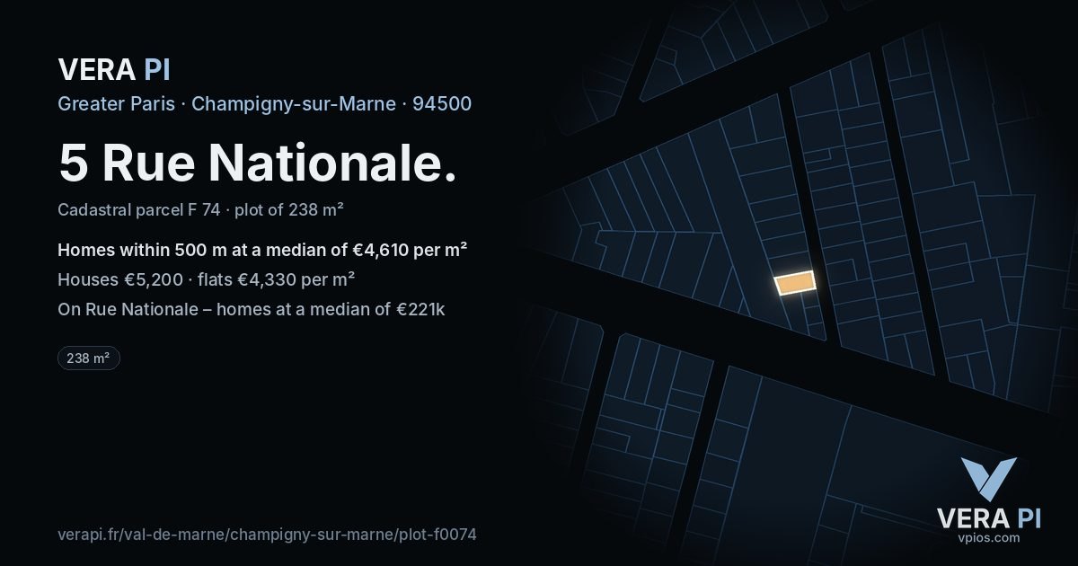5 Rue Nationale, Champigny-sur-Marne at night – the plot lit, the parcels around coloured by the prices near them