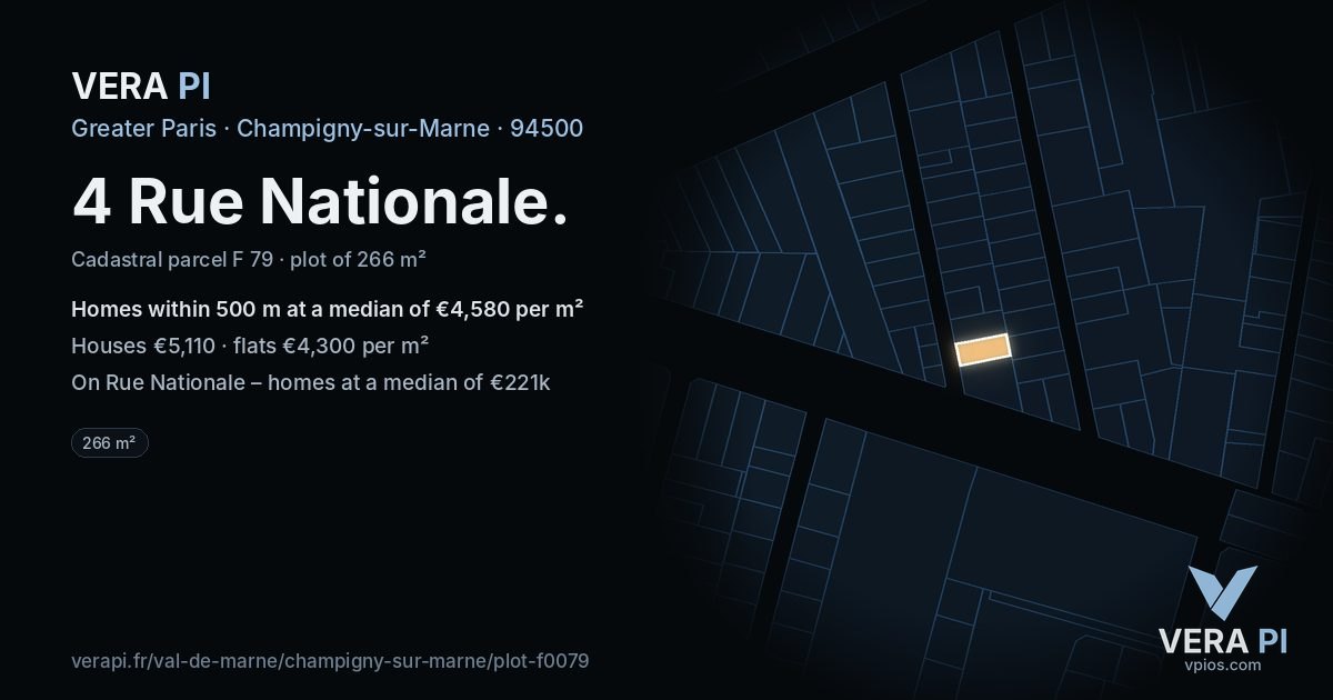 4 Rue Nationale, Champigny-sur-Marne at night – the plot lit, the parcels around coloured by the prices near them