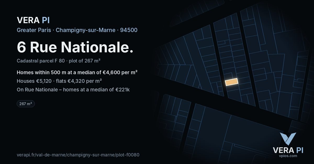 6 Rue Nationale, Champigny-sur-Marne at night – the plot lit, the parcels around coloured by the prices near them