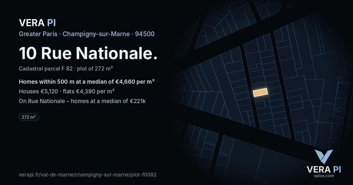 10 Rue Nationale, Champigny-sur-Marne at night – the plot lit, the parcels around coloured by the prices near them