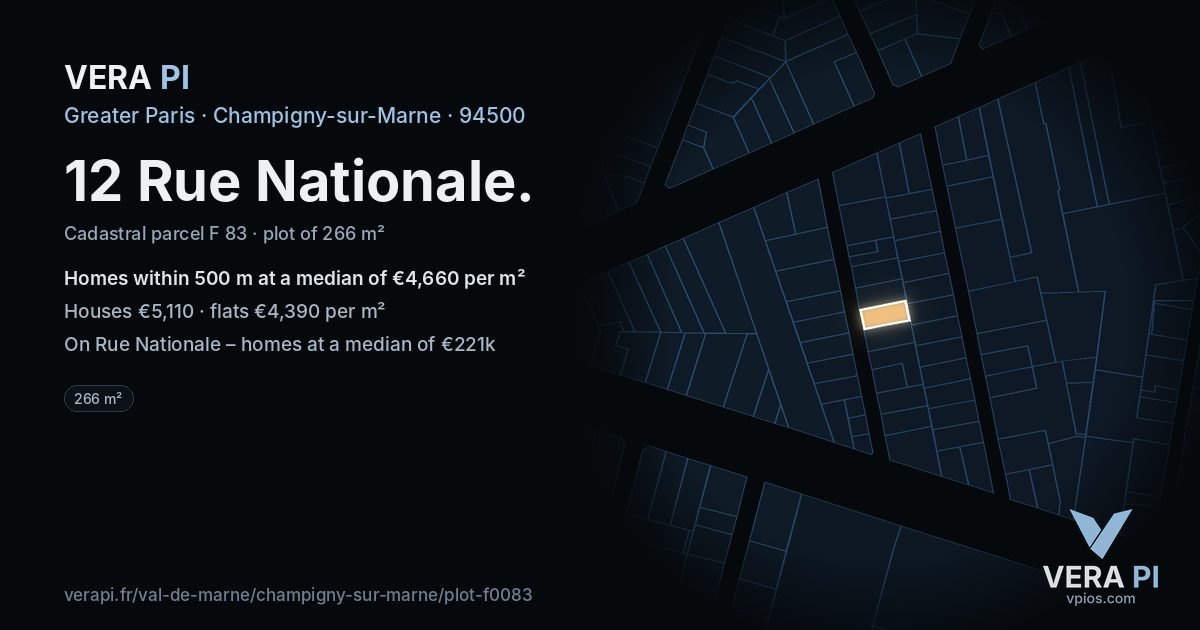 12 Rue Nationale, Champigny-sur-Marne at night – the plot lit, the parcels around coloured by the prices near them