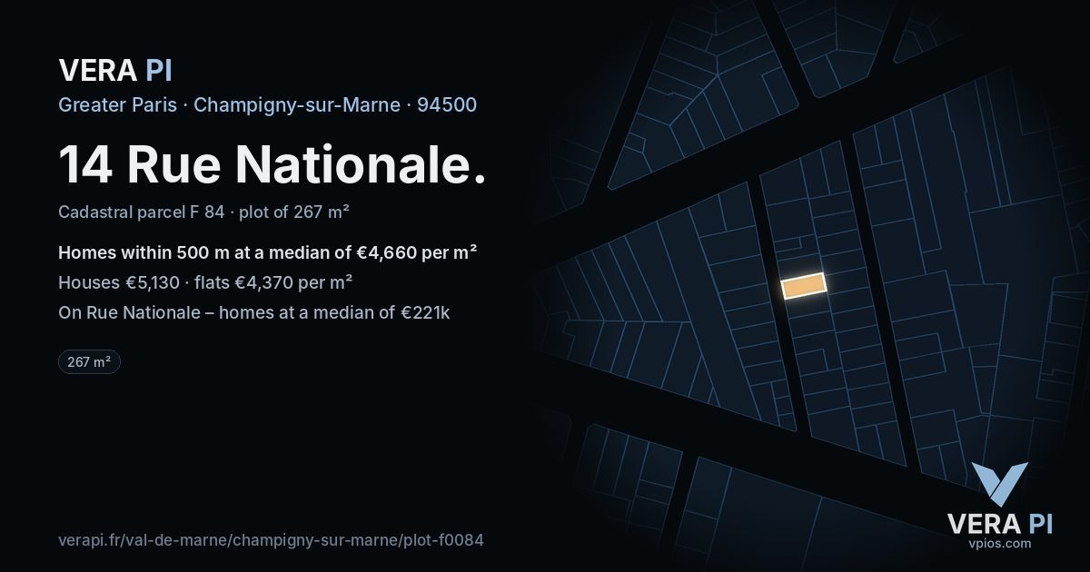 14 Rue Nationale, Champigny-sur-Marne at night – the plot lit, the parcels around coloured by the prices near them