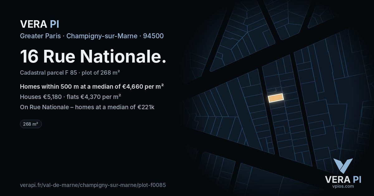 16 Rue Nationale, Champigny-sur-Marne at night – the plot lit, the parcels around coloured by the prices near them