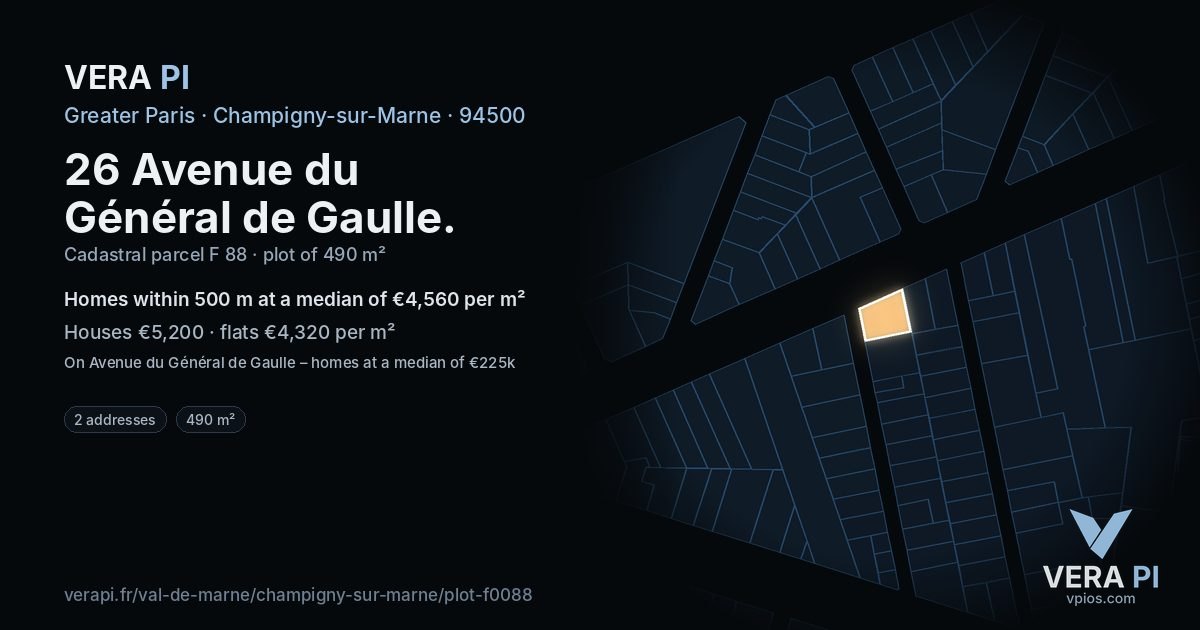 26 Avenue du Général de Gaulle, Champigny-sur-Marne at night – the plot lit, the parcels around coloured by the prices near them