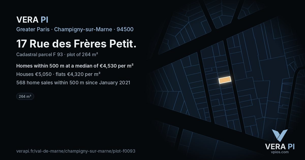 17 Rue des Frères Petit, Champigny-sur-Marne at night – the plot lit, the parcels around coloured by the prices near them