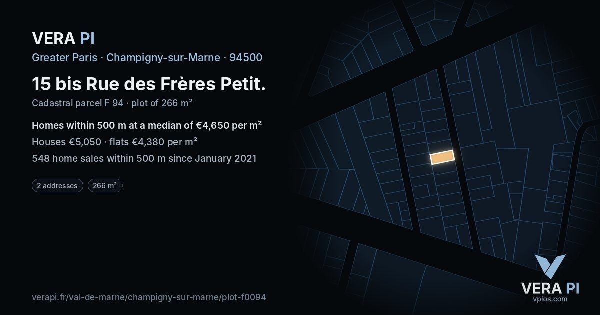 15 bis Rue des Frères Petit, Champigny-sur-Marne at night – the plot lit, the parcels around coloured by the prices near them
