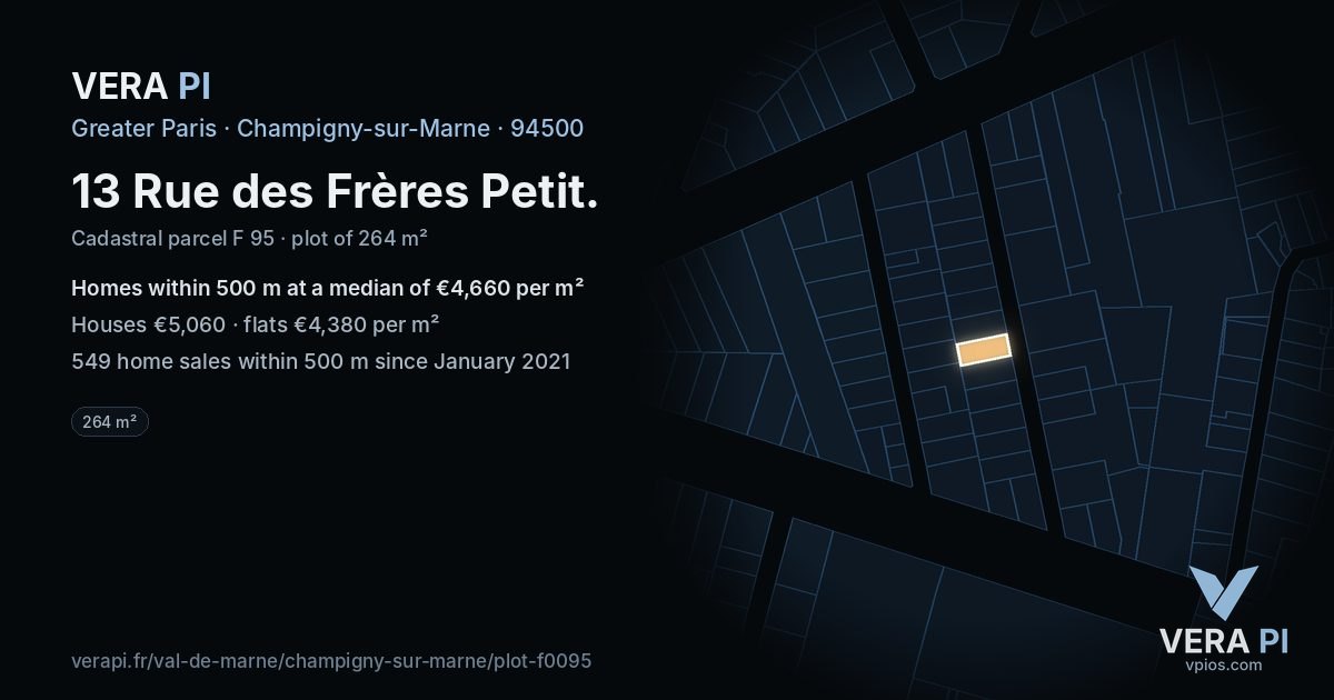 13 Rue des Frères Petit, Champigny-sur-Marne at night – the plot lit, the parcels around coloured by the prices near them