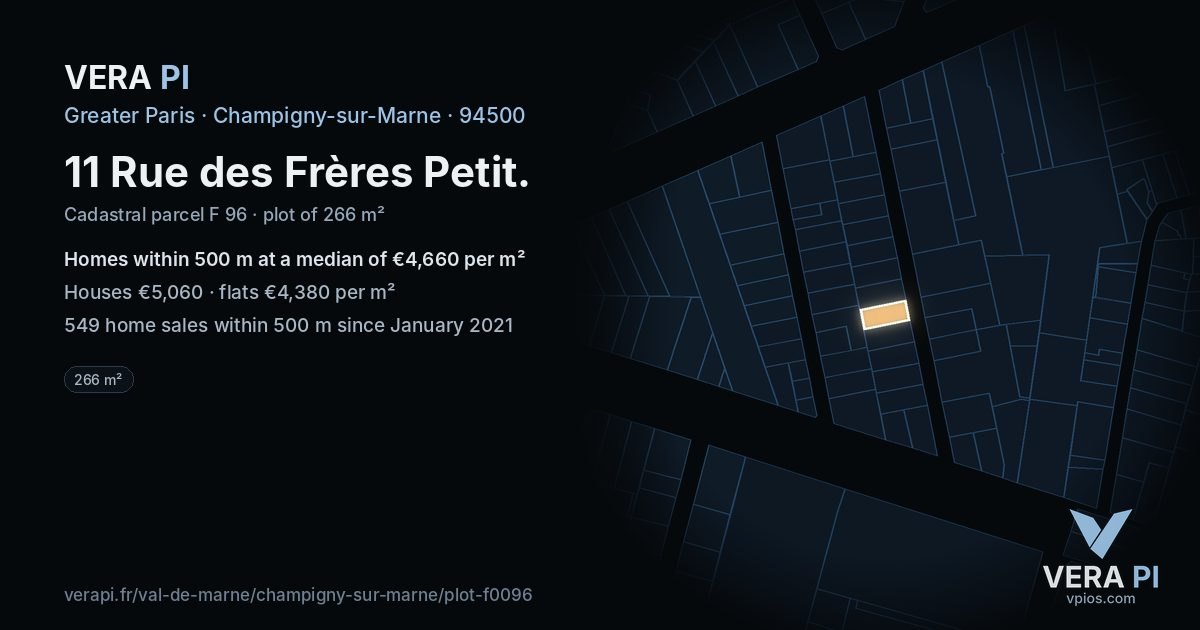 11 Rue des Frères Petit, Champigny-sur-Marne at night – the plot lit, the parcels around coloured by the prices near them
