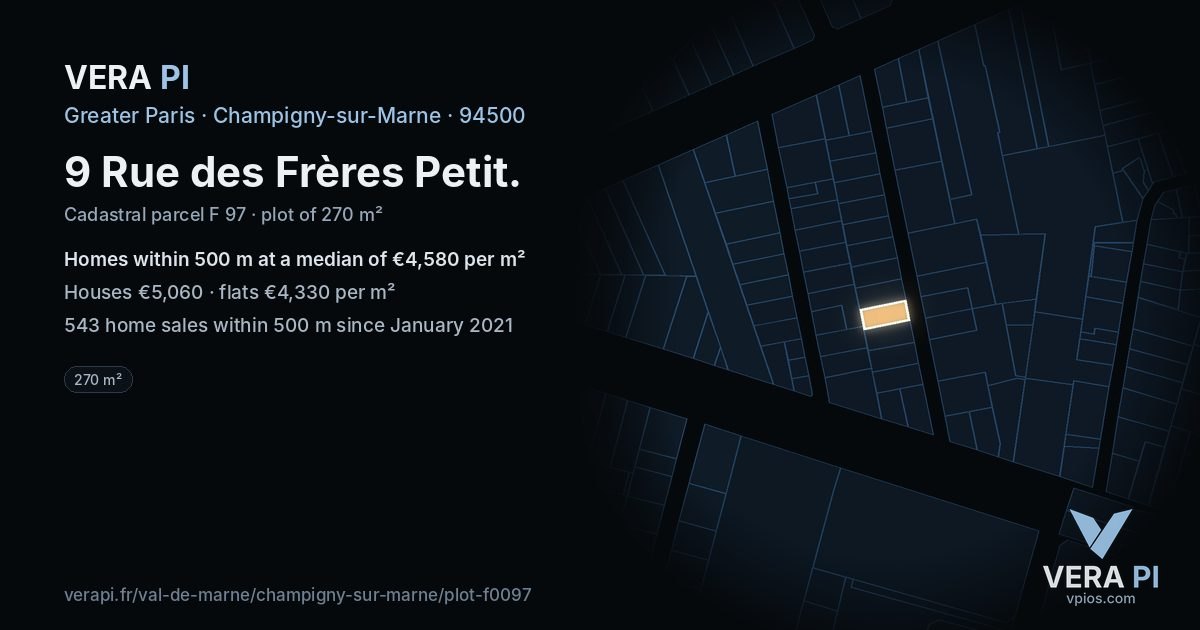 9 Rue des Frères Petit, Champigny-sur-Marne at night – the plot lit, the parcels around coloured by the prices near them
