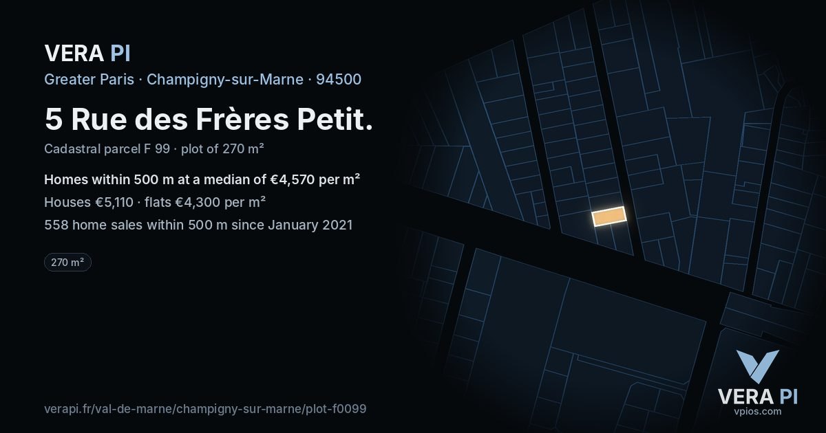 5 Rue des Frères Petit, Champigny-sur-Marne at night – the plot lit, the parcels around coloured by the prices near them