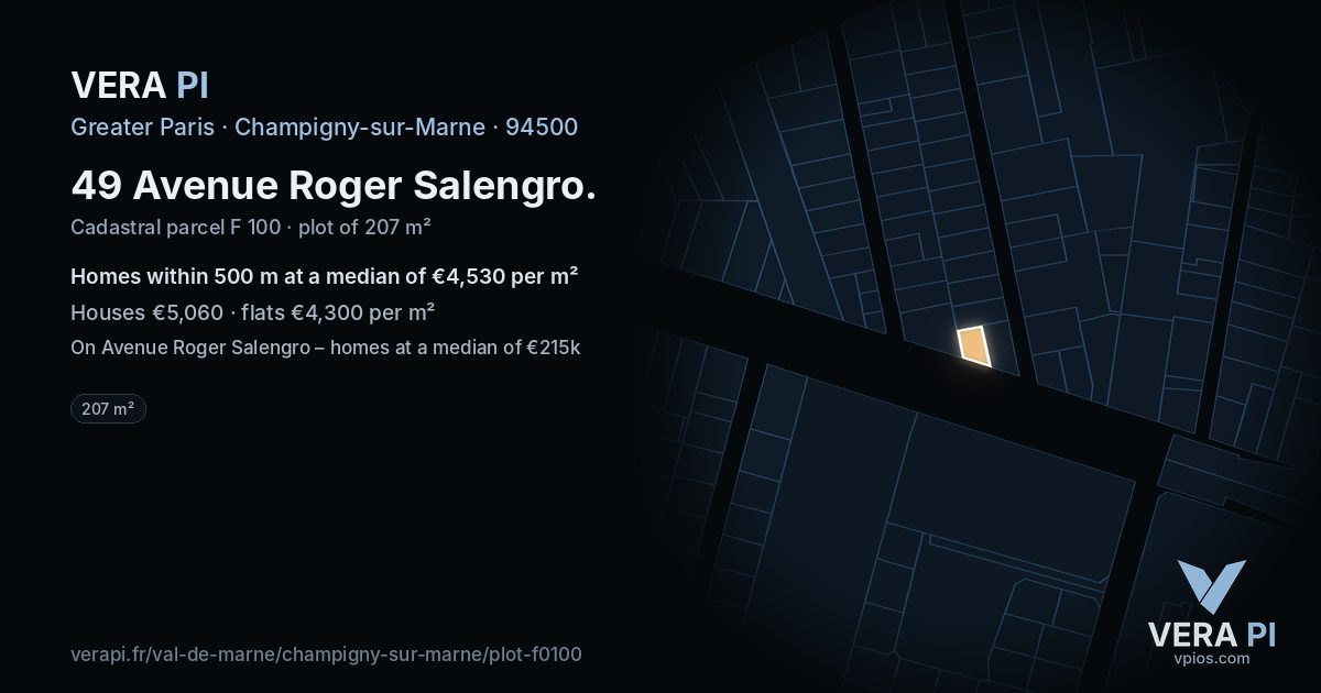 49 Avenue Roger Salengro, Champigny-sur-Marne at night – the plot lit, the parcels around coloured by the prices near them