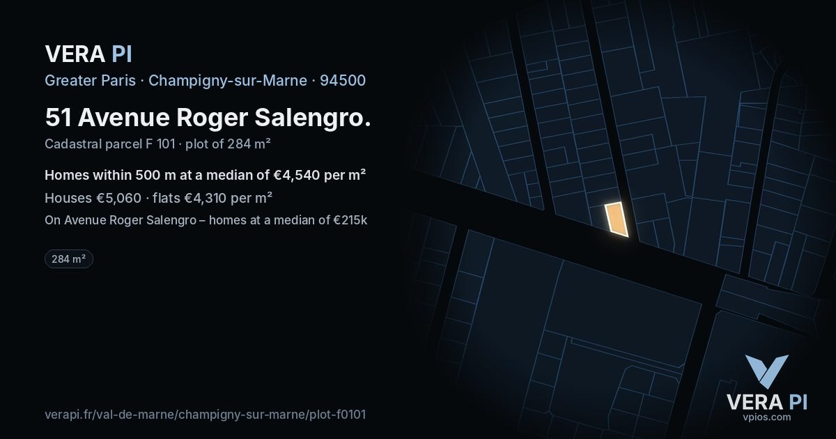 51 Avenue Roger Salengro, Champigny-sur-Marne at night – the plot lit, the parcels around coloured by the prices near them