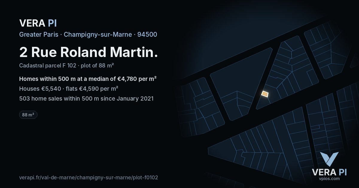 2 Rue Roland Martin, Champigny-sur-Marne at night – the plot lit, the parcels around coloured by the prices near them